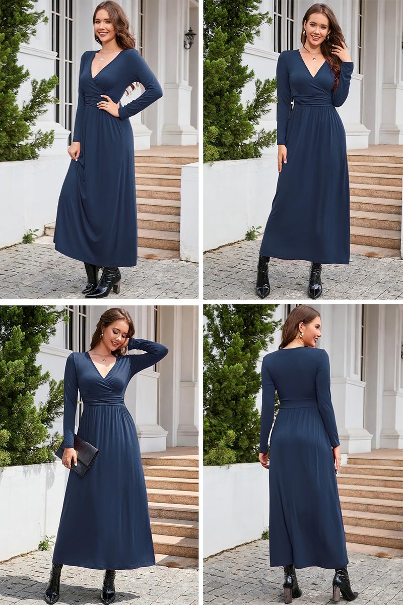 OUGES Womens Long Sleeve V-Neck Wrap Waist Maxi Dress(Navy,L) - Image 4